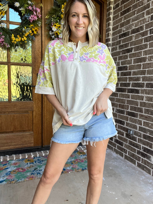Mineral Wash Henley Neck Top with Floral Print