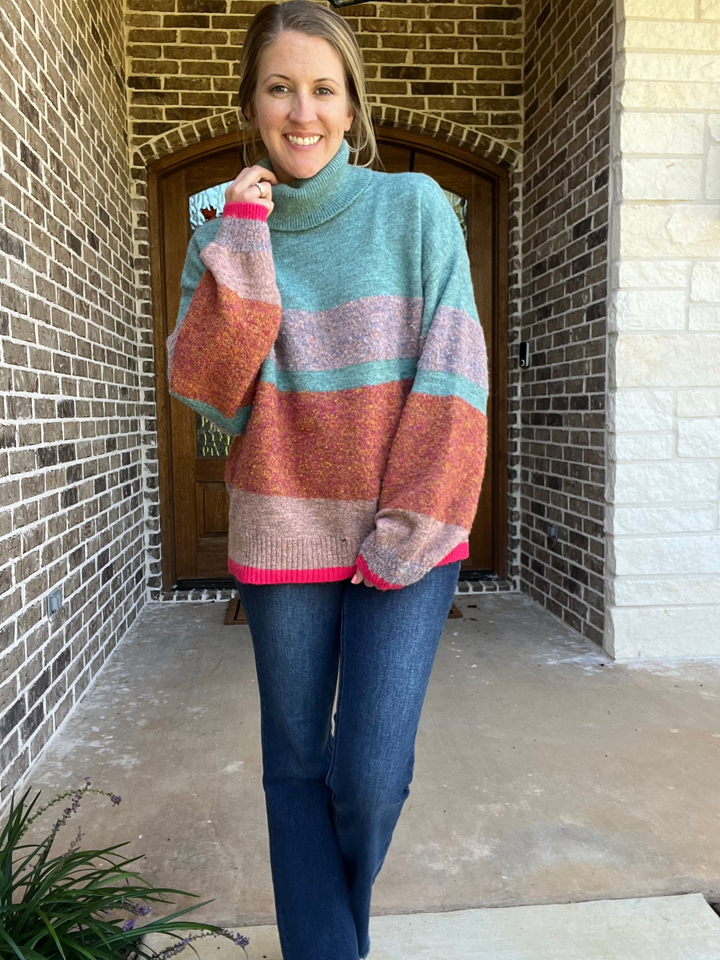 TURTLE NECK COLOR BLOCK KNIT SWEATER PULLOVER