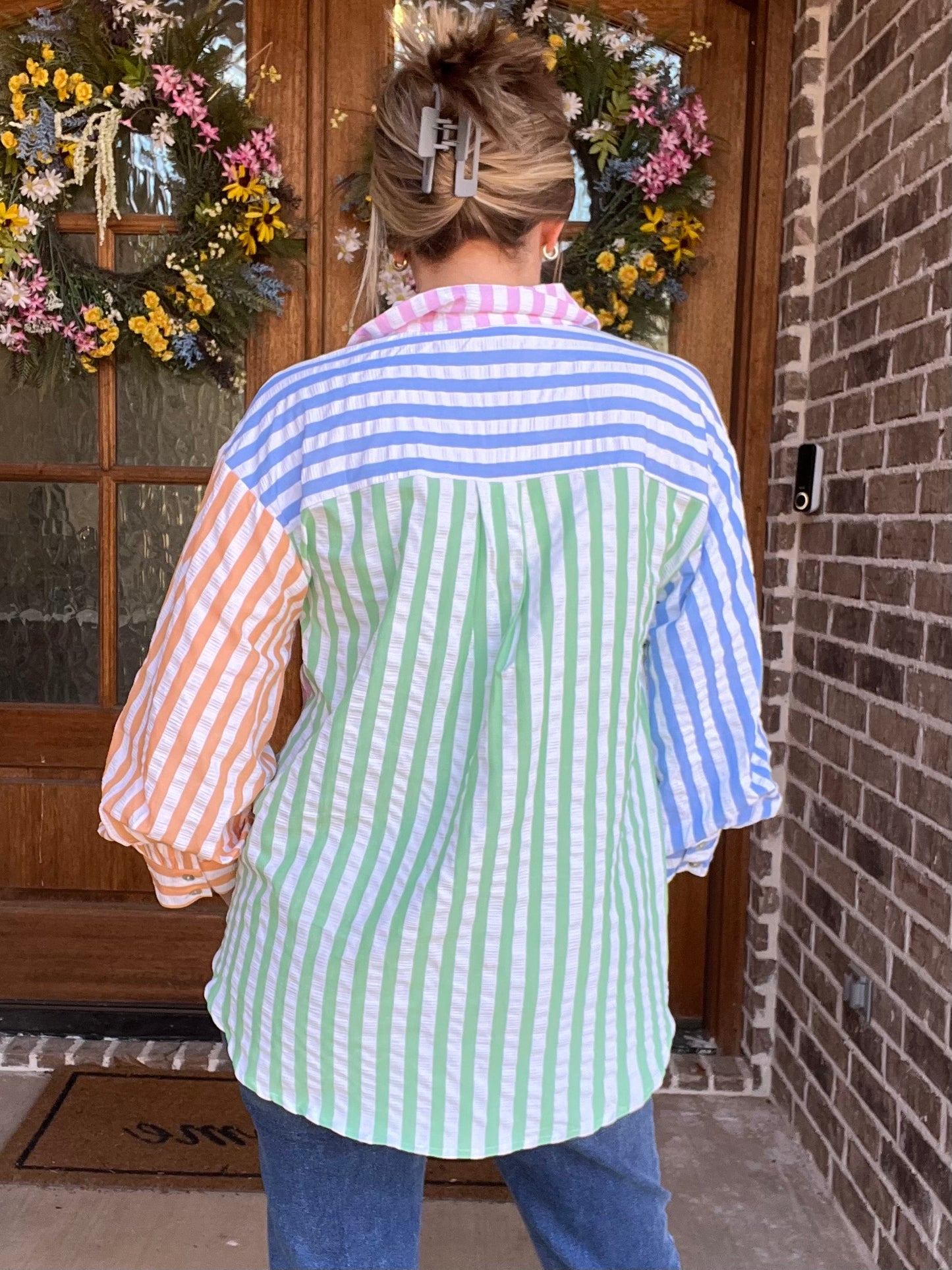 Pink combo striped button down