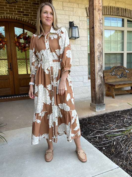 Floral Button Up Midi Dress with Scallop Trim - Camel