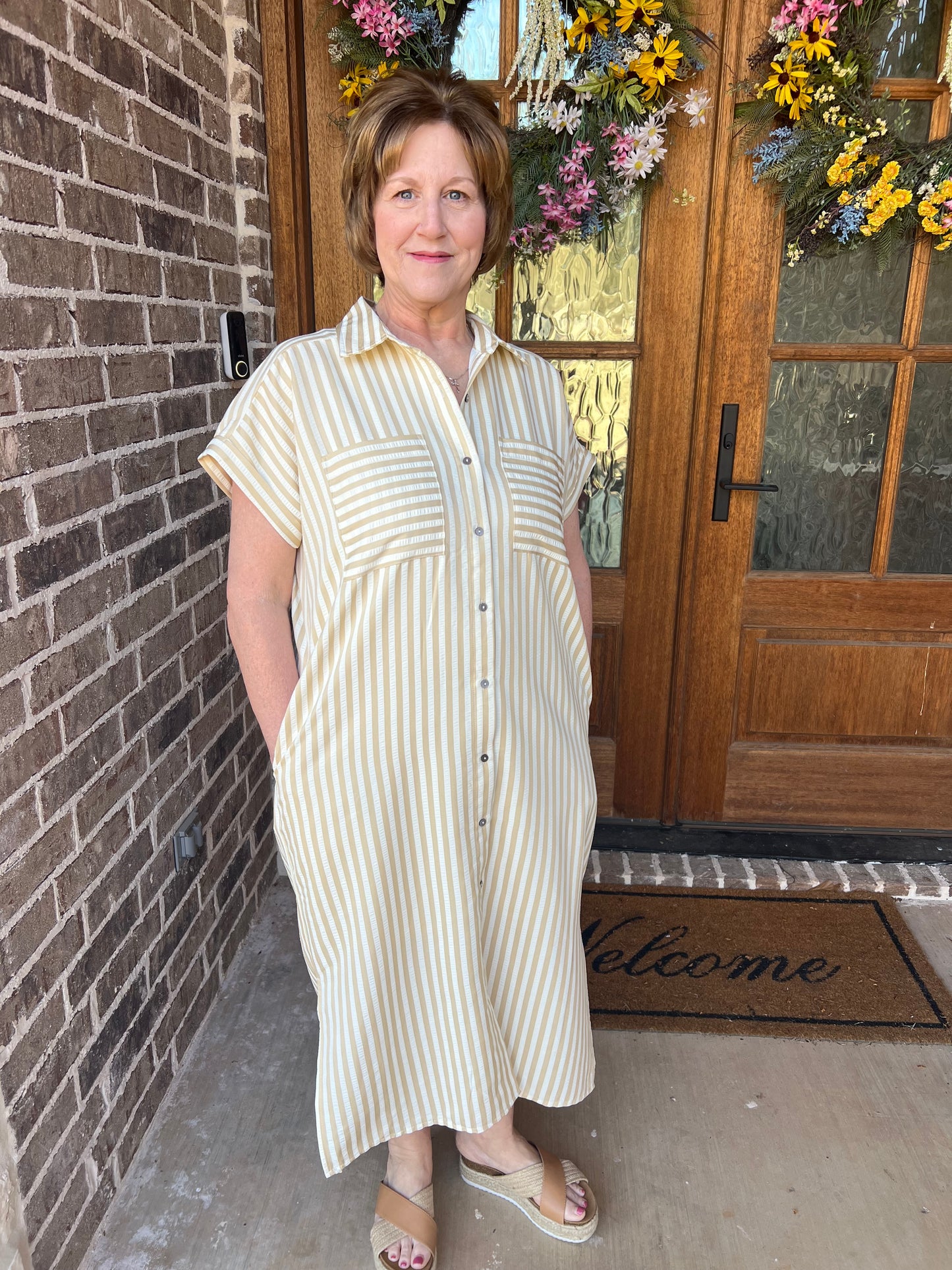 Striped midi dress in taupe