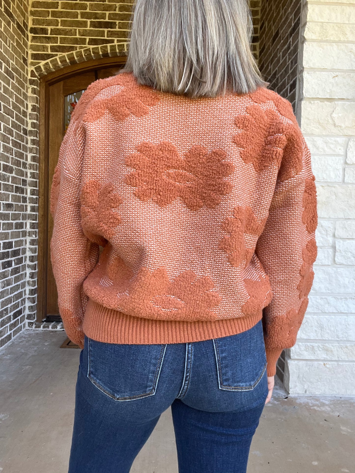 Floral motif crewneck sweater- rust