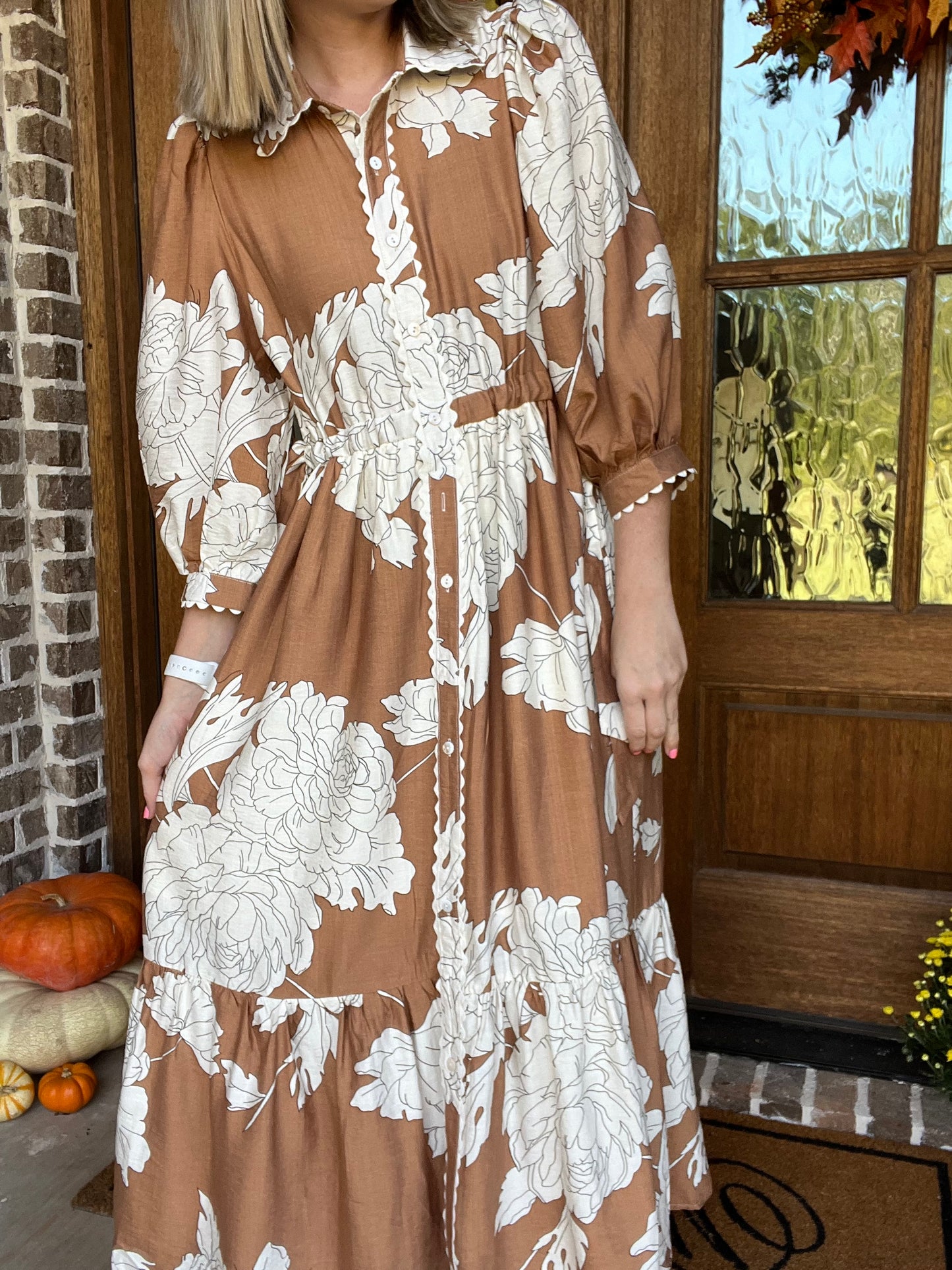 Floral Button Up Midi Dress with Scallop Trim - Camel