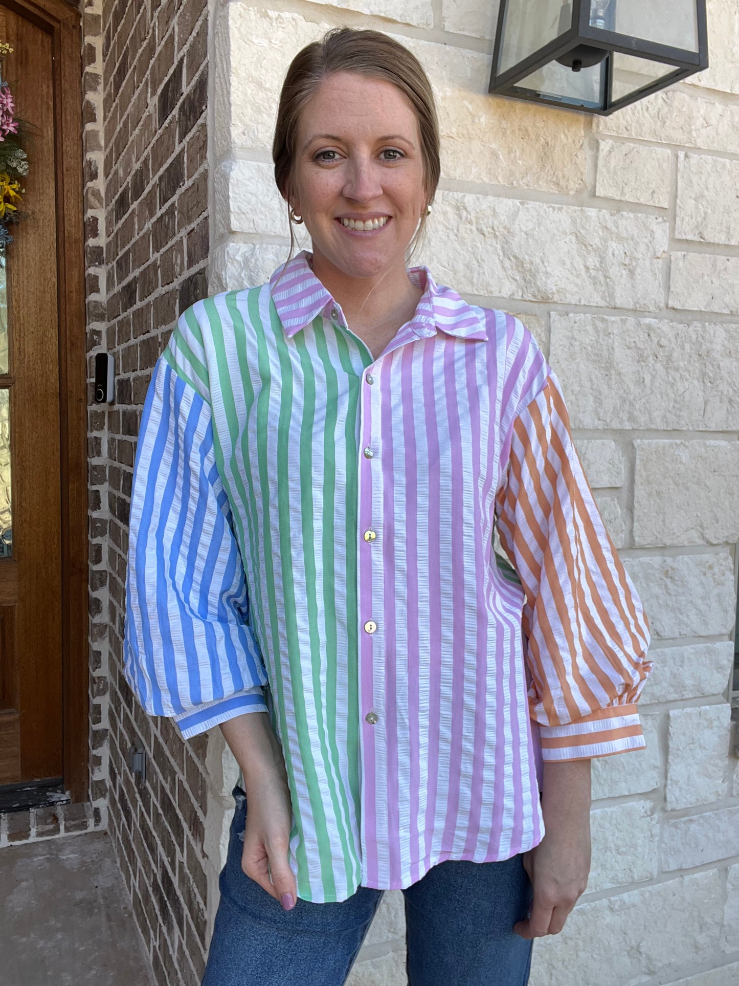 Pink combo striped button down