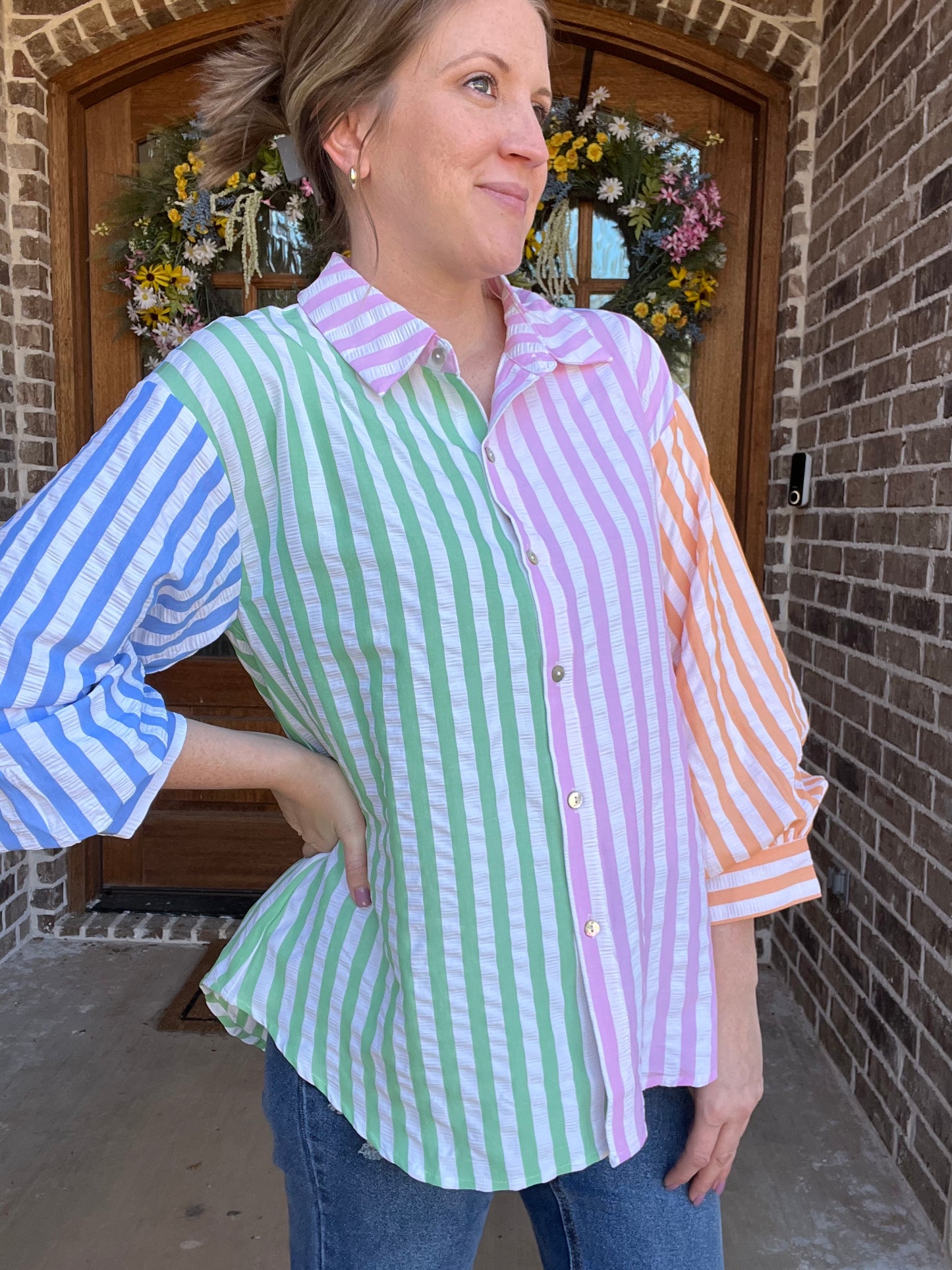 Pink combo striped button down