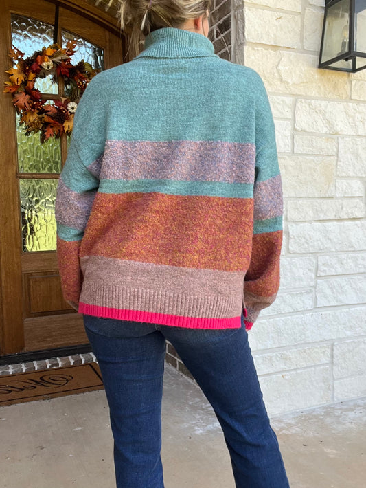 TURTLE NECK COLOR BLOCK KNIT SWEATER PULLOVER