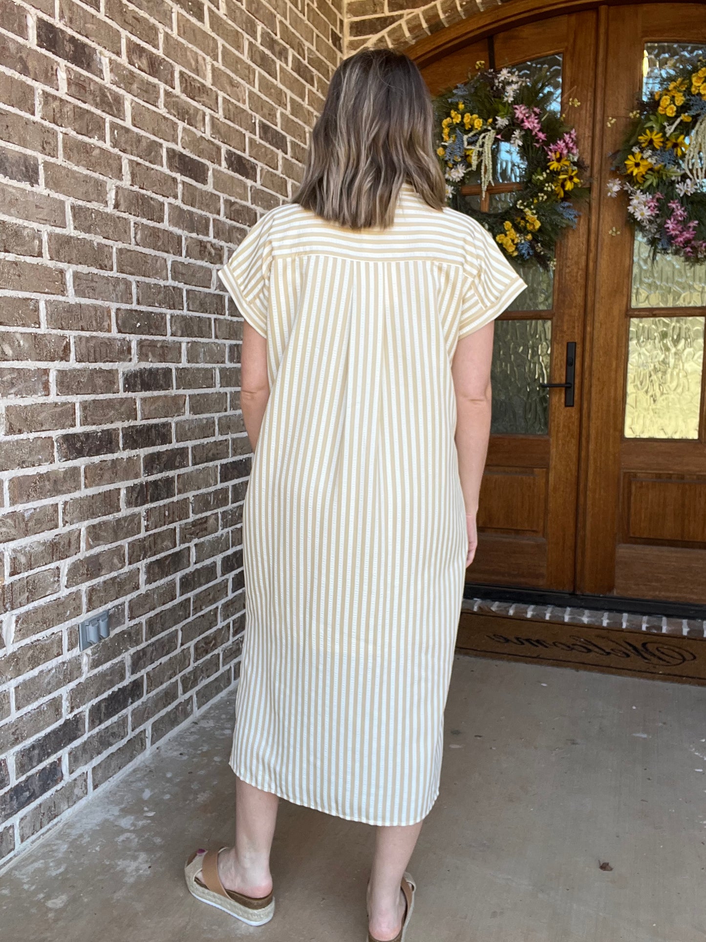 Striped midi dress in taupe