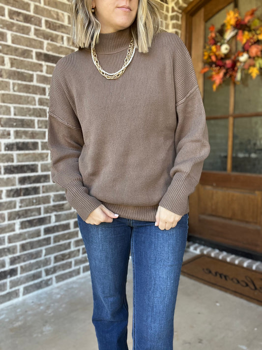 Mock neck ribbed sweater- mocha